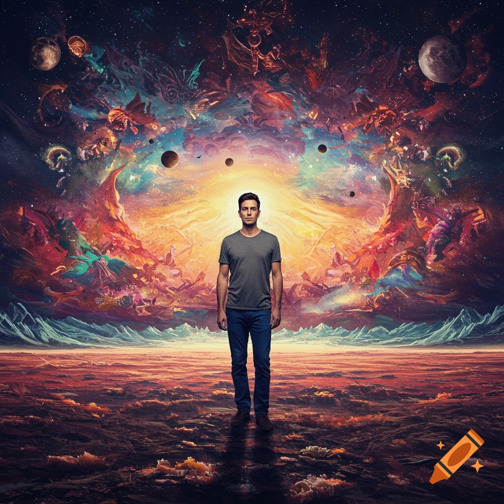 A man stands in a vast landscape under a colorful, abstract cosmic sky.