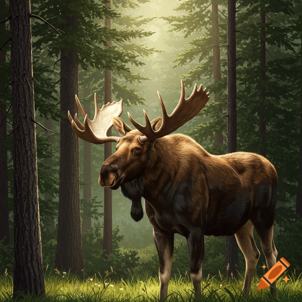 A large moose stands in a sunlit forest.