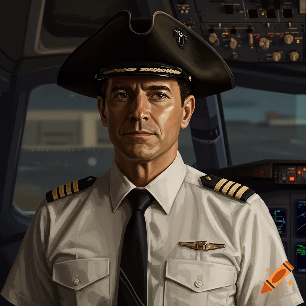 A pilot wearing a tricorne hat in a cockpit.