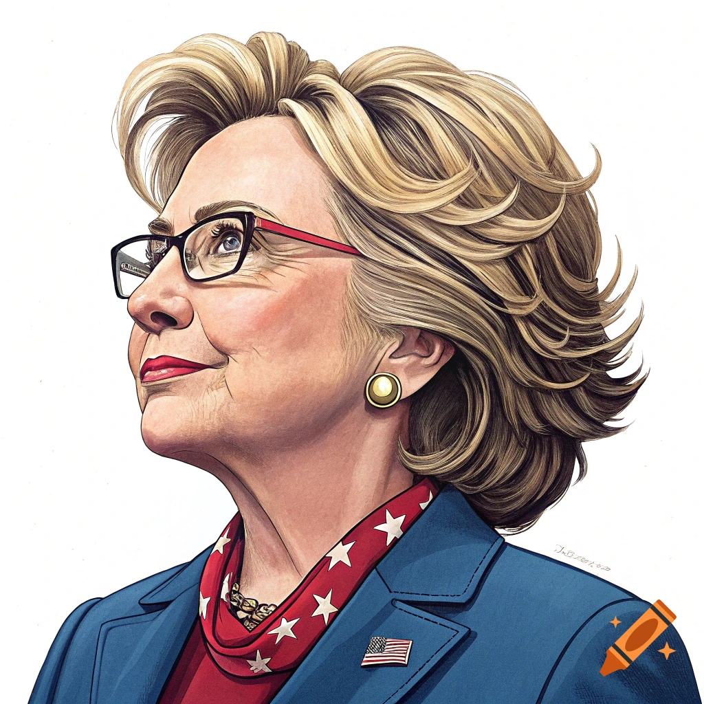 Illustration portrait of Hillary Clinton wearing glasses and an American flag pin