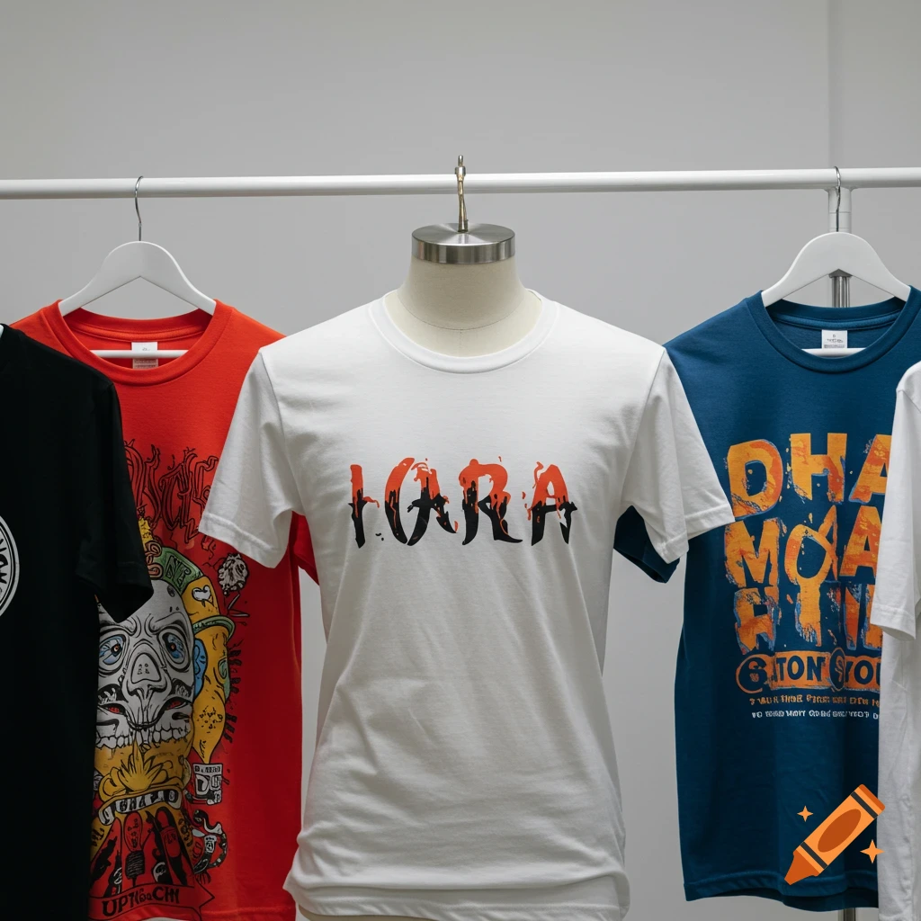 Several t-shirts including white, red, and blue ones displayed on hangers and a mannequin.