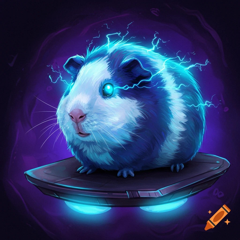 An electric guinea pig glowing with blue lightning on a levitating platform.