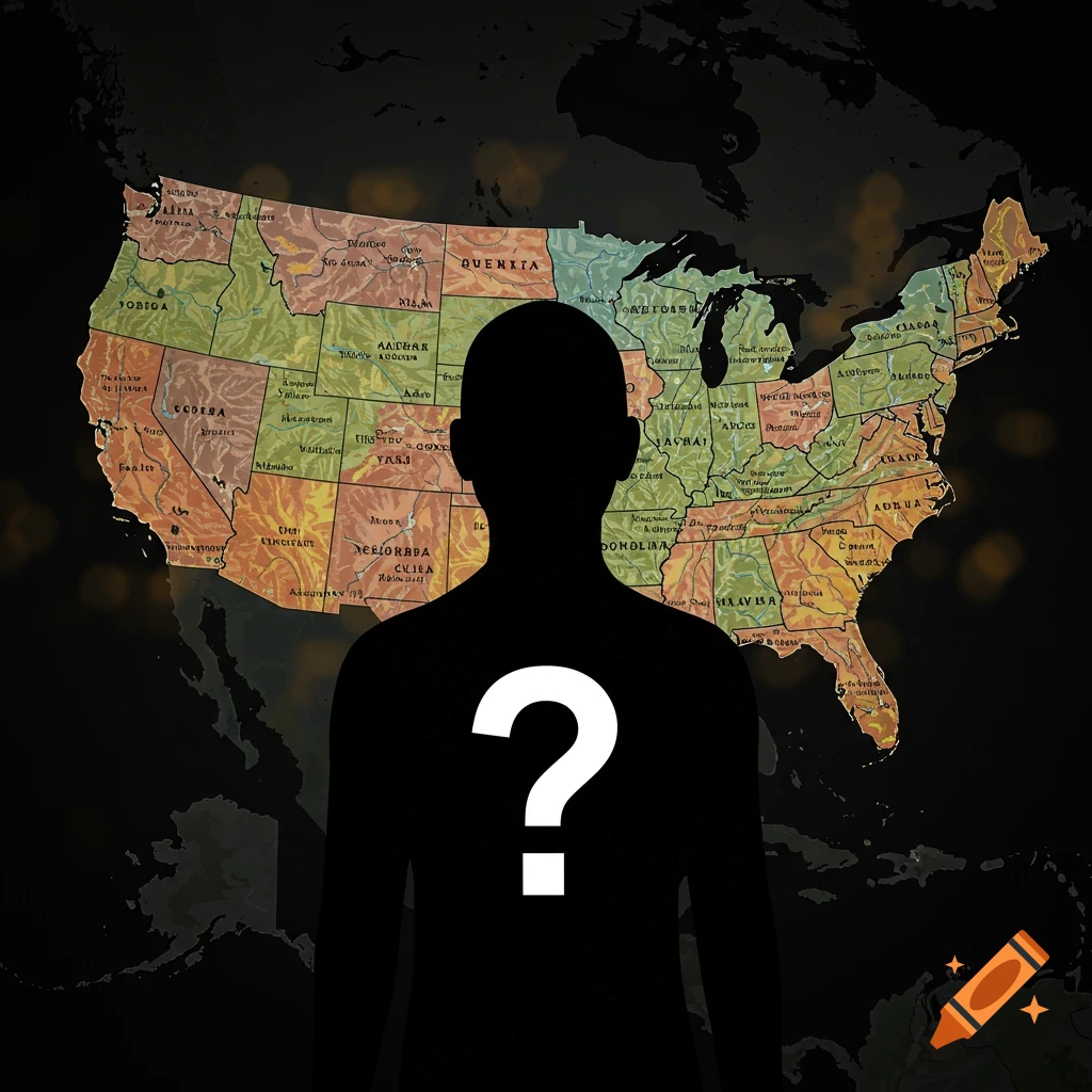 Black silhouette with a question mark over a map of the United States.