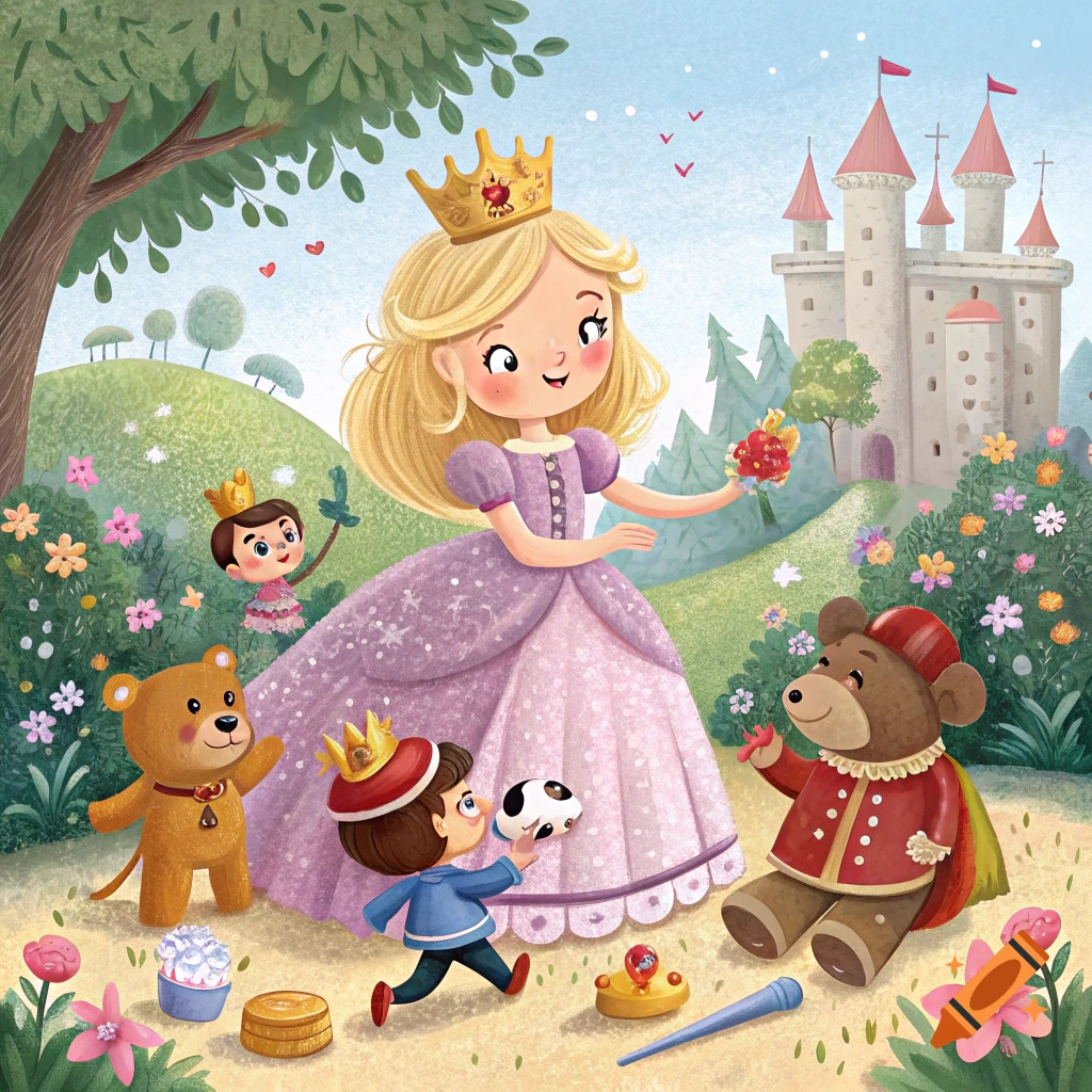 A cartoon illustration of a princess, children, and toys in a garden with a castle.