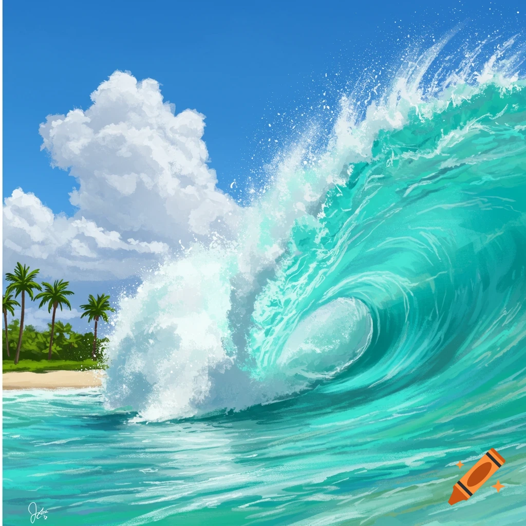 A large turquoise wave breaking near a tropical beach with palm trees