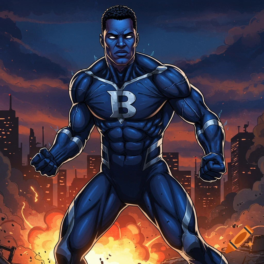A superhero in a blue suit with a 'B' on the chest stands in a destroyed city with fires, comic book art.