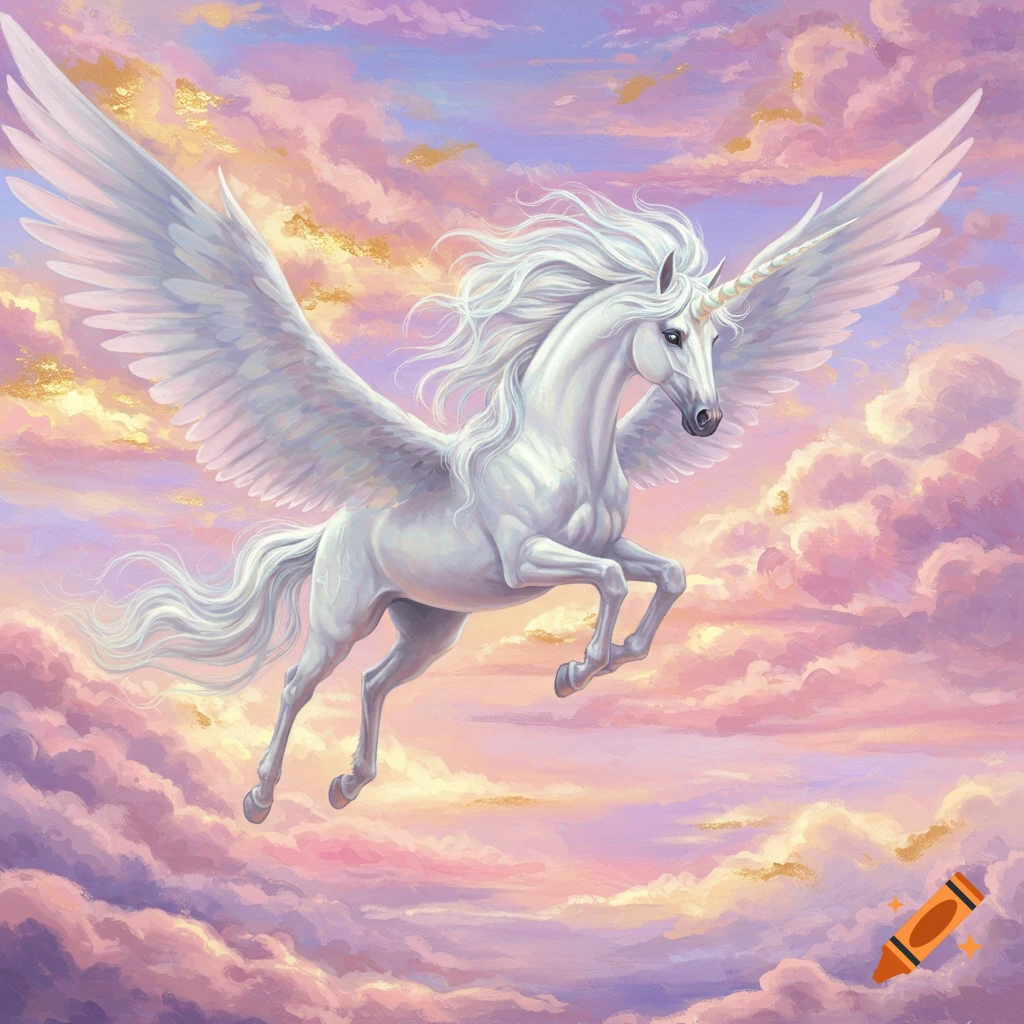 A white winged unicorn flies through pink and purple clouds.