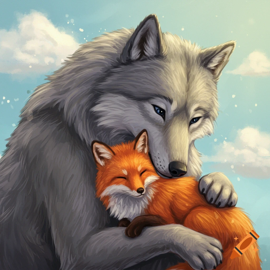 A gray wolf is cuddling an orange fox against a cloudy sky.