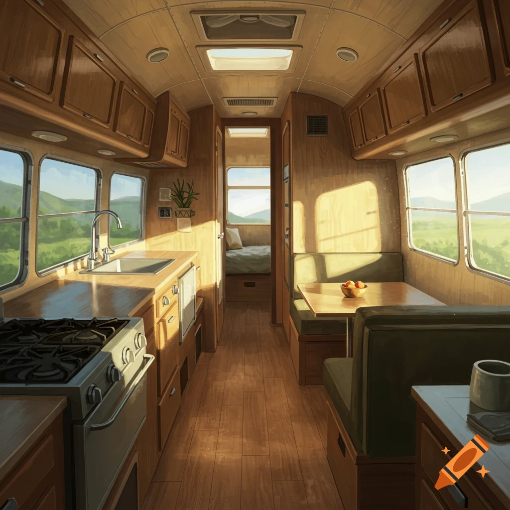 Sunlit image of an Airstream travel trailer interior with kitchen, dinette, and bed, overlooking a green landscape.