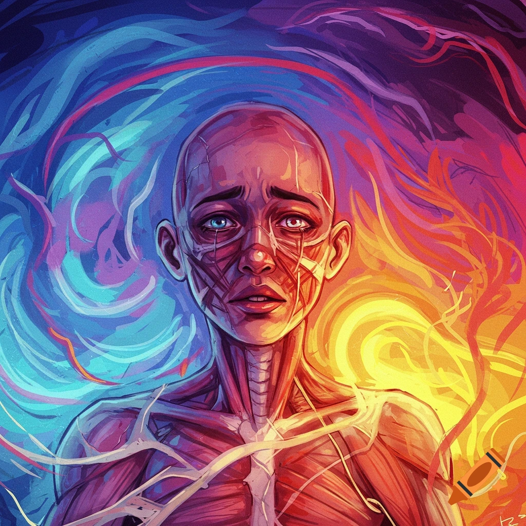 A figure with exposed muscle tissue and veins, looking distressed against a swirling blue and orange background.