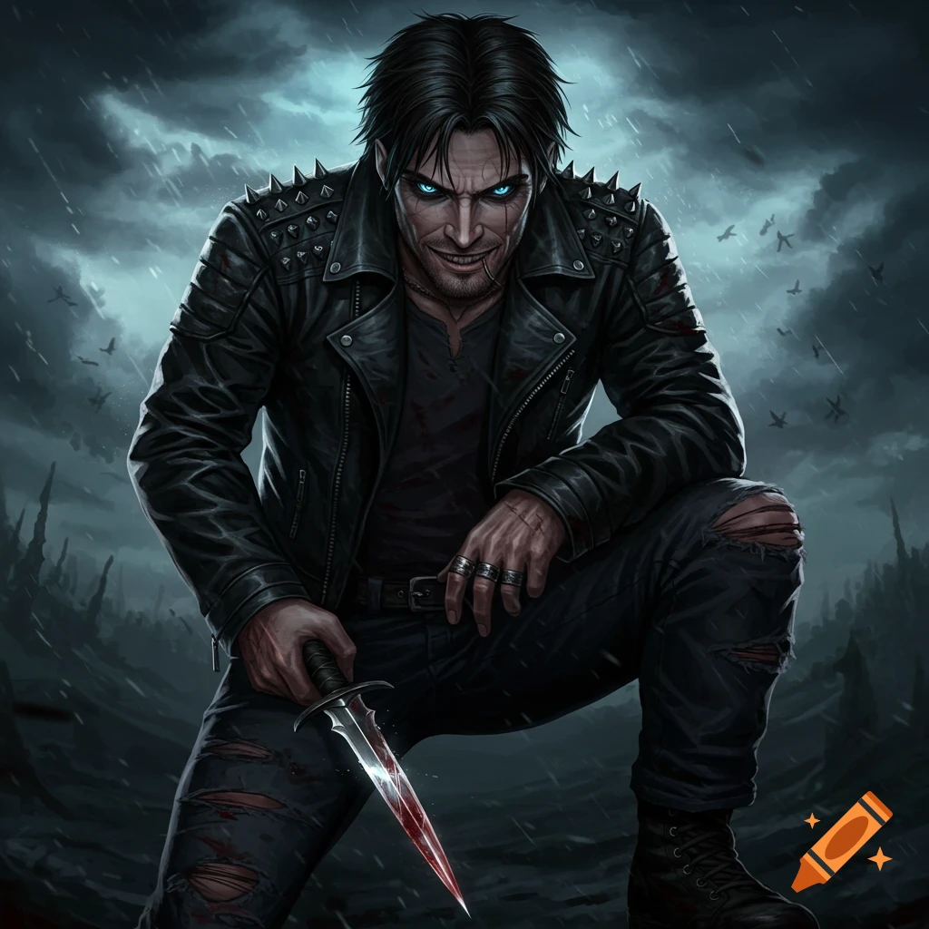A menacing fantasy character in a leather jacket holding a bloody dagger.