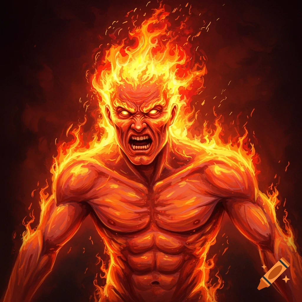 An enraged man made of fire with bared teeth and glowing eyes.