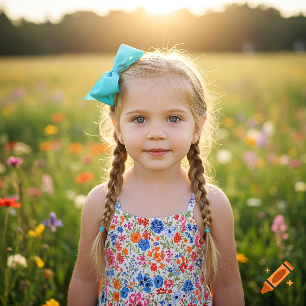 A young girl with blonde braids and a blue bow stands in a field of wildflowers at sunset.