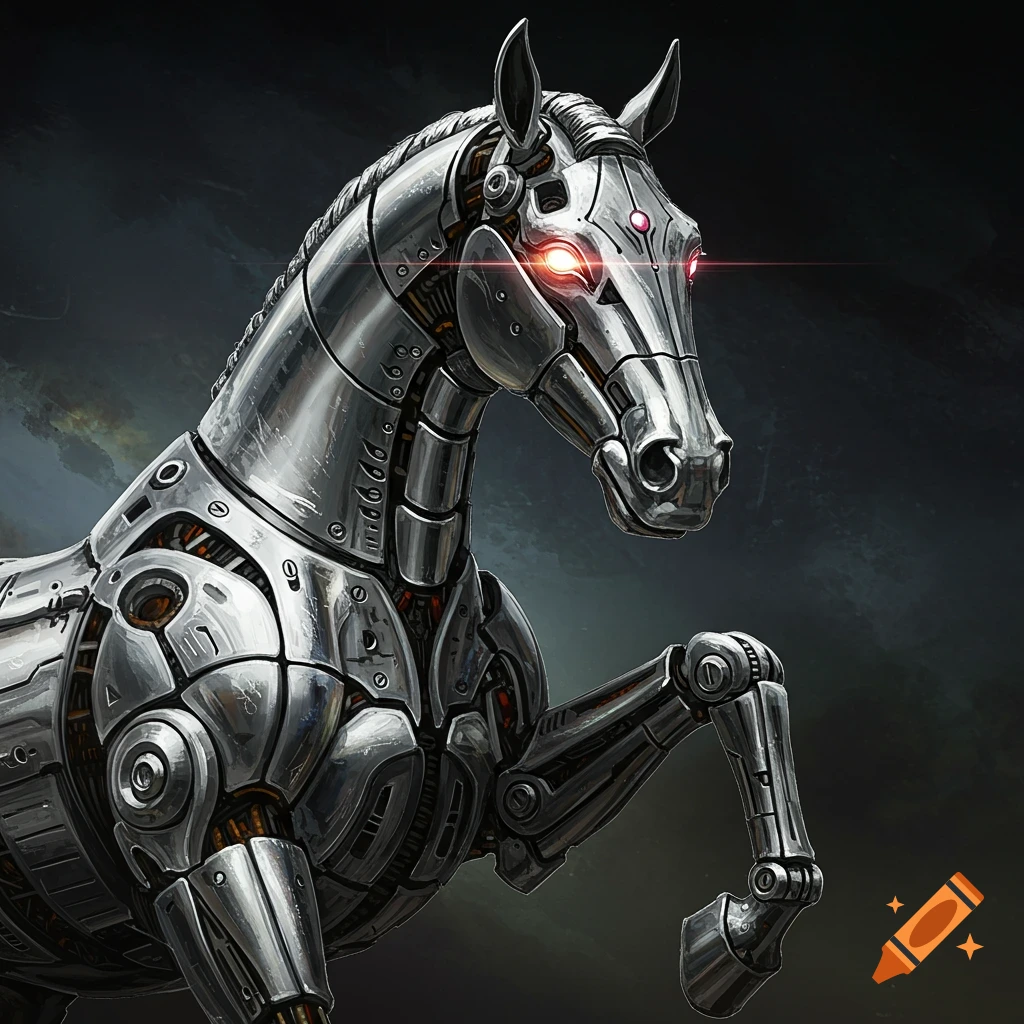A metallic robot horse with glowing red eyes.