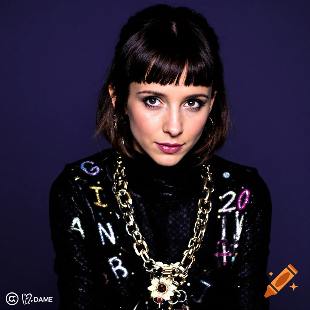 Portrait of a woman wearing a black turtleneck with sparkling text and a heavy gold chain necklace against a purple background.