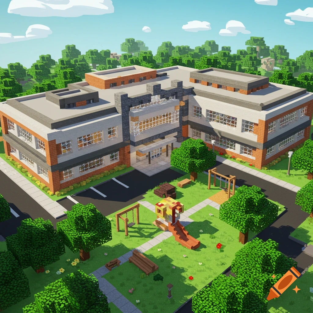 A detailed digital render of a Minecraft-style school building with a playground and trees.