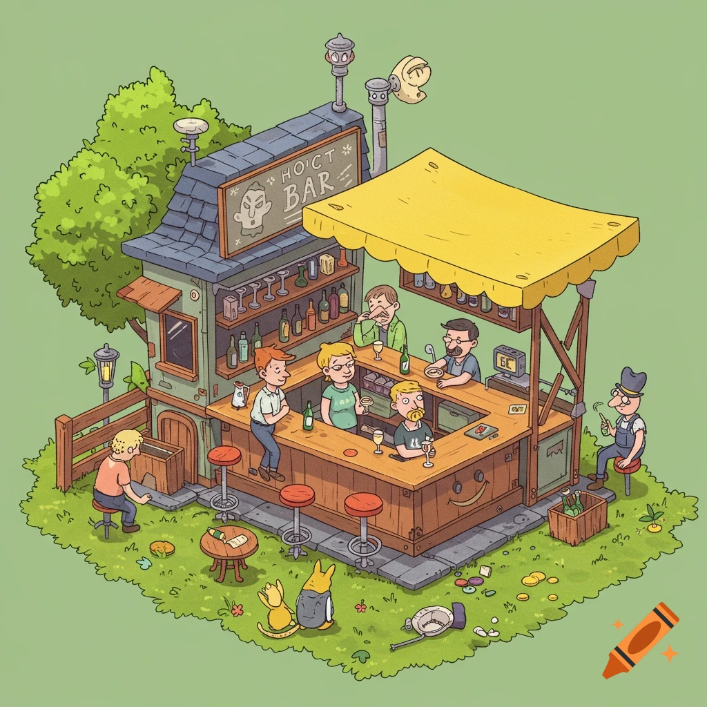 Cartoon isometric view of an outdoor bar with people, cats, and a dog sitting in the grass.