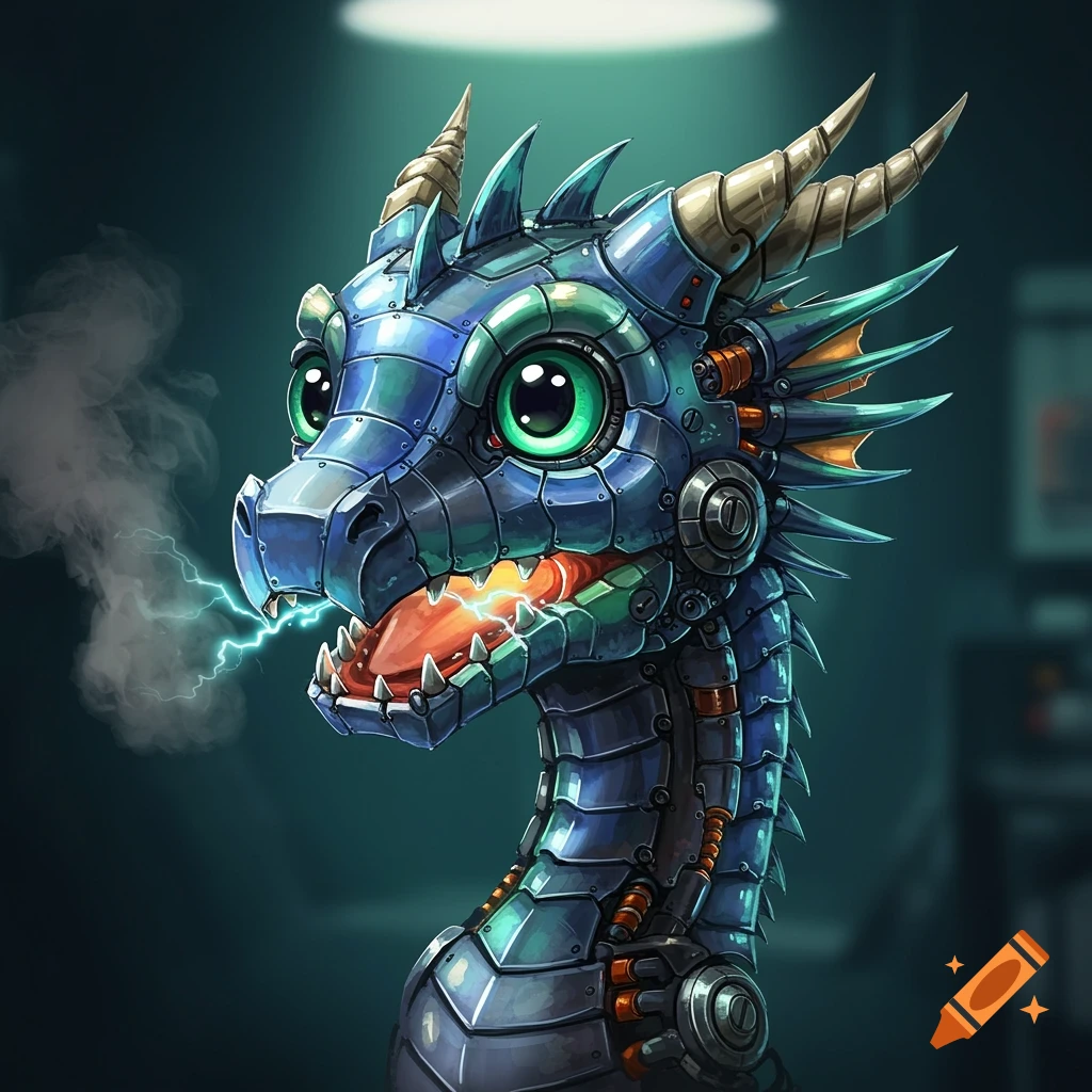 A baby robot dragon breathing electricity