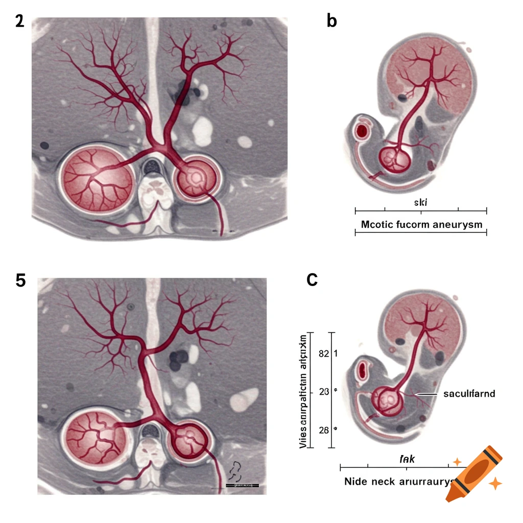 Medical illustration showing anatomical diagrams of blood vessels and kidneys with aneurysms