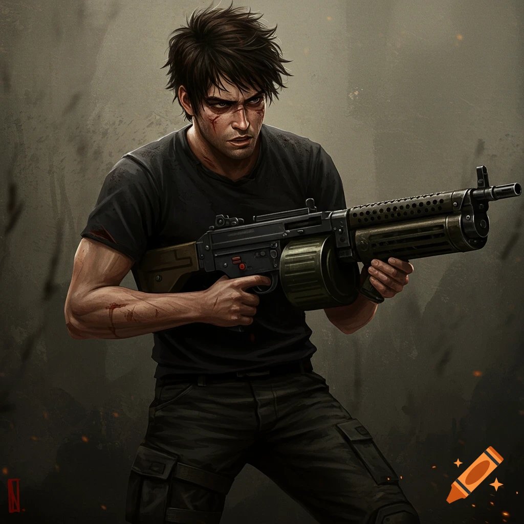 A scarred man holding a machine gun.