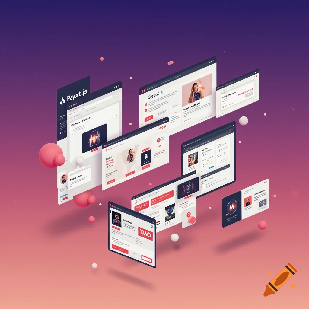 Digital illustration of multiple floating isometric website screenshots with spheres on a gradient background.