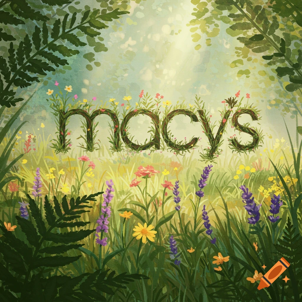 The Macy's logo formed by flowers and vines is situated in a lush nature scene with greenery and sunlight.