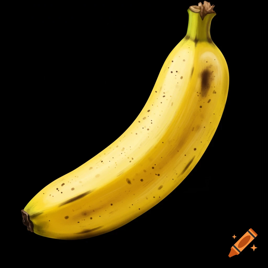 A yellow banana with brown spots on a black background.