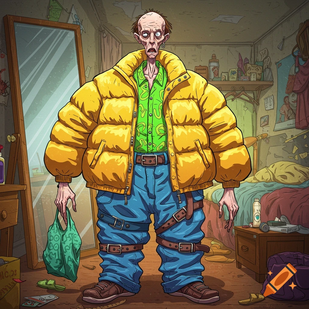 Illustration of a skinny man wearing a giant yellow puffer jacket and heavily belted jeans in a messy room.