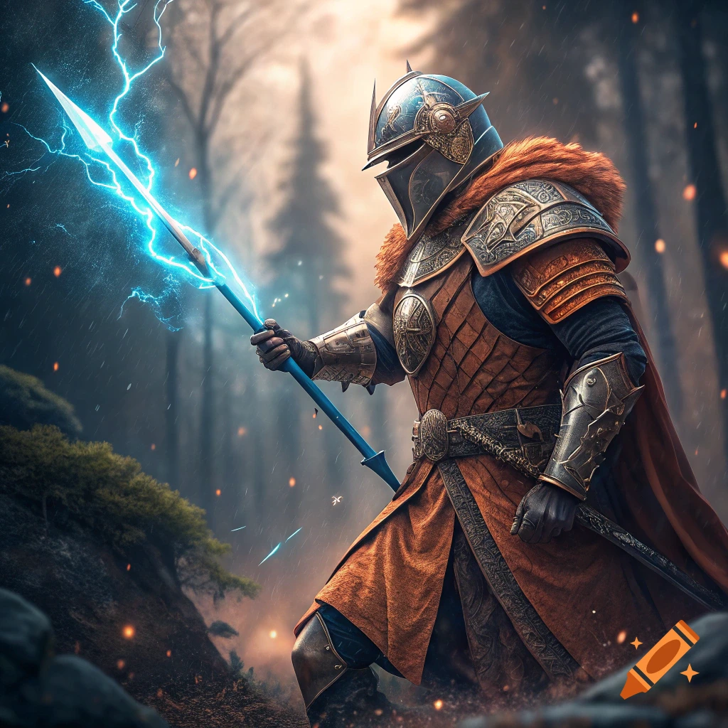 A warrior in elaborate fantasy armor stands in a forest, holding a spear charged with blue lightning.