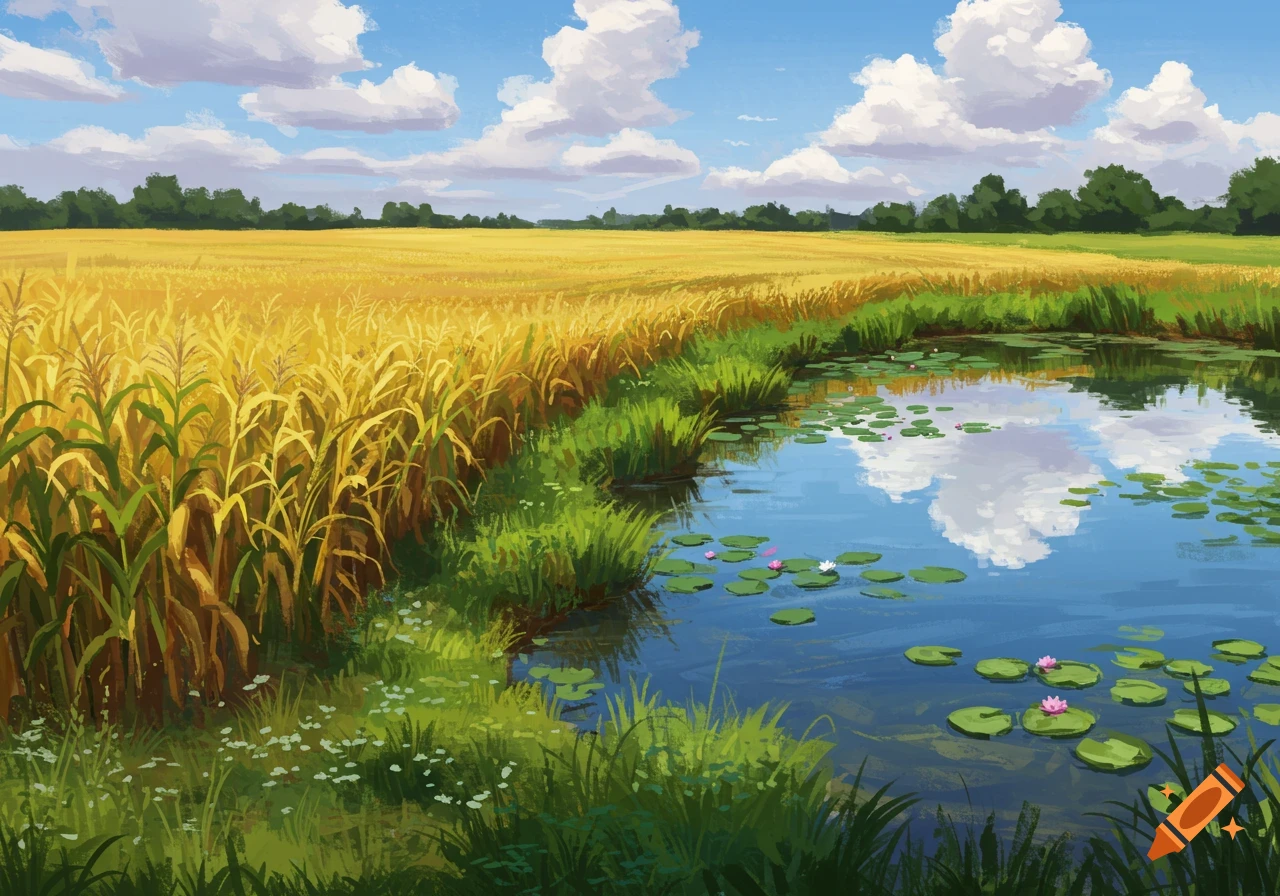 A field of tall yellow plants next to a pond with lily pads under a cloudy blue sky.