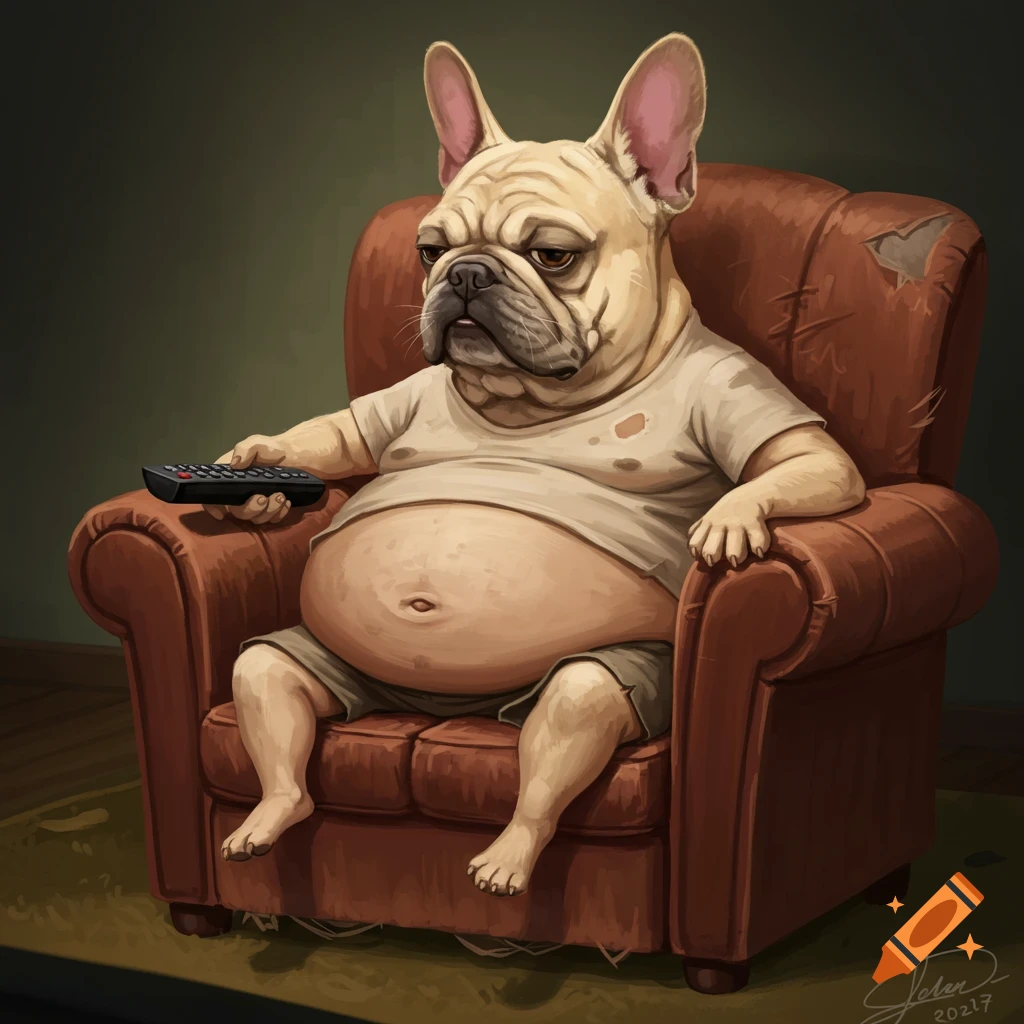 A French bulldog with a large belly sits in a worn armchair, holding a TV remote.