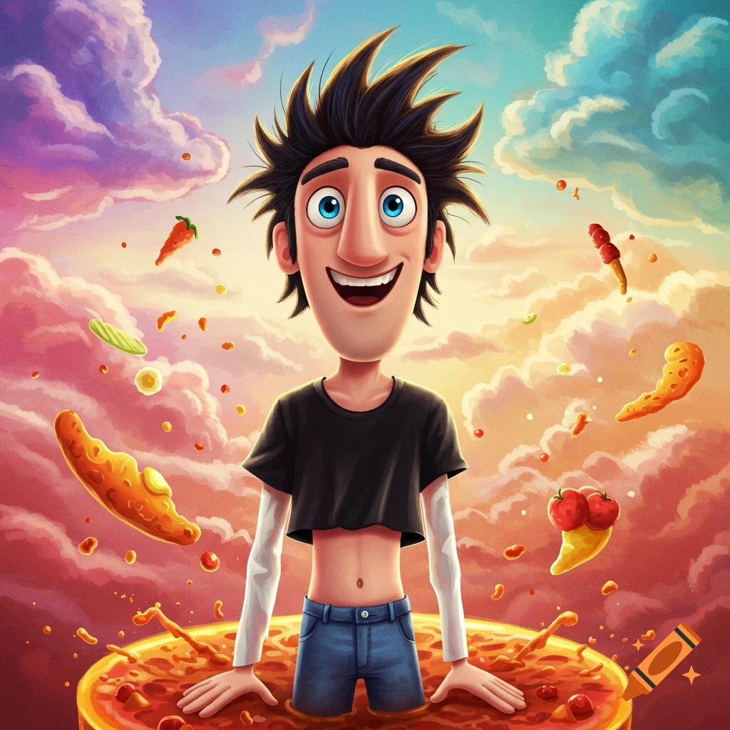 Cartoon character in crop top submerged in giant pizza with floating food items in a colorful sky.