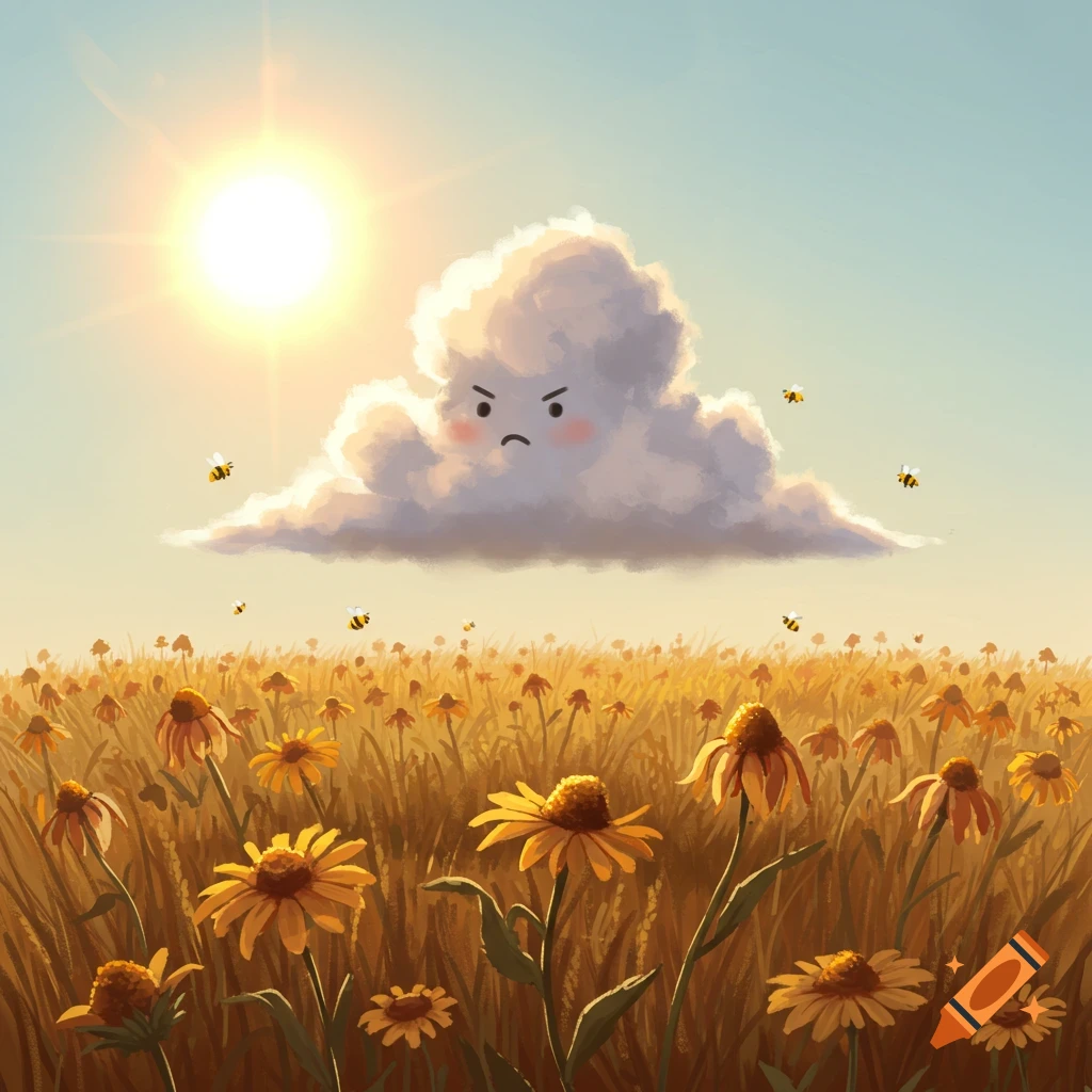 A grumpy cloud floats above a field of yellow flowers and grass, with bees buzzing under a bright sun.