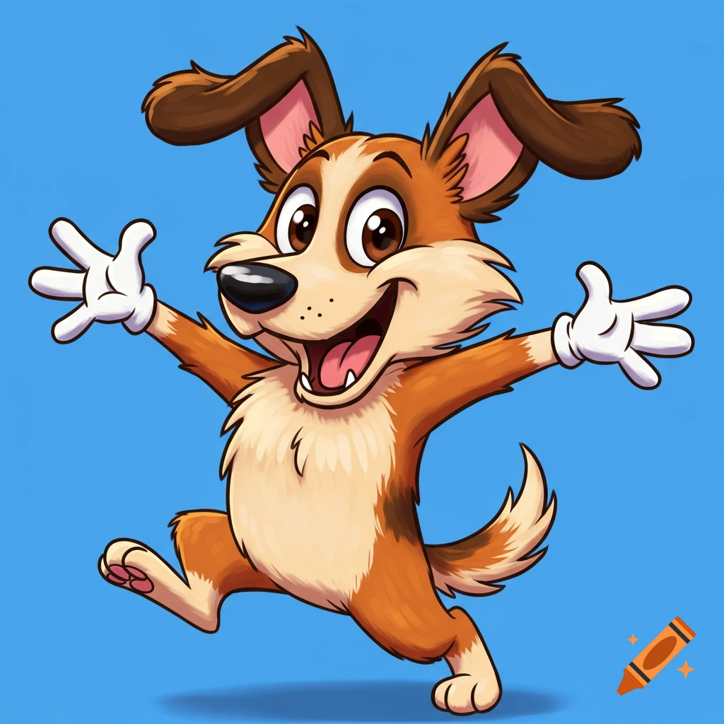 A cartoon dog jumps excitedly with paws in the air against a blue background.