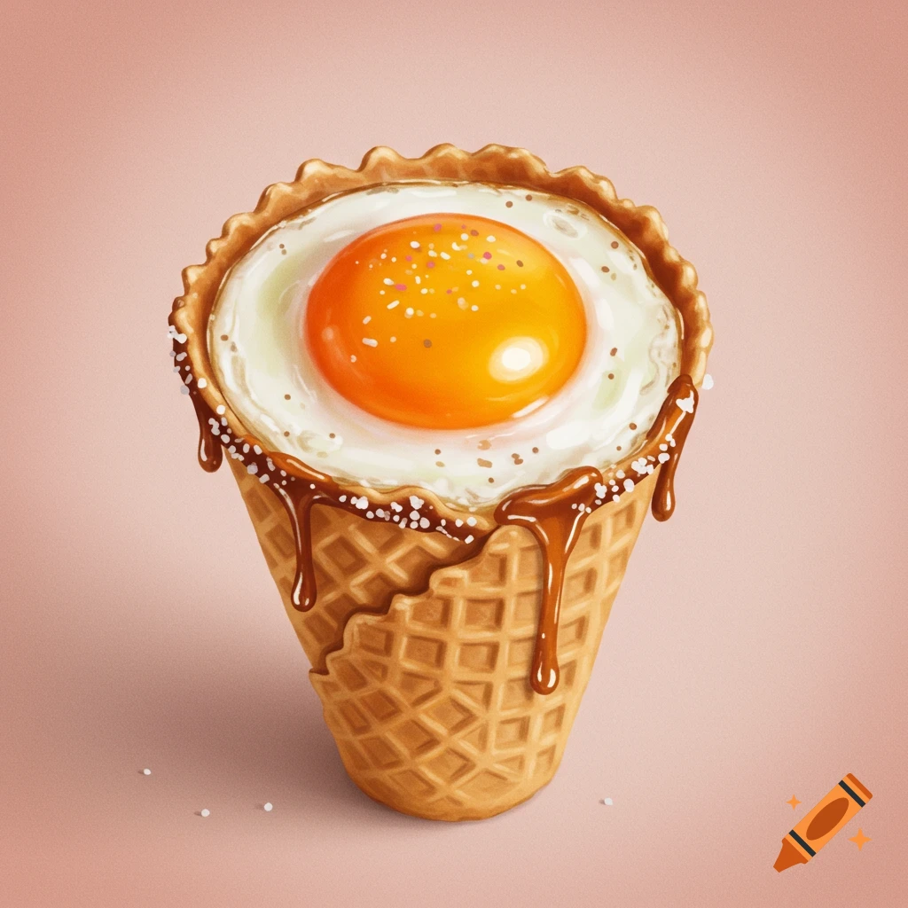 A fried egg in a waffle ice cream cone with sauce and sprinkles.