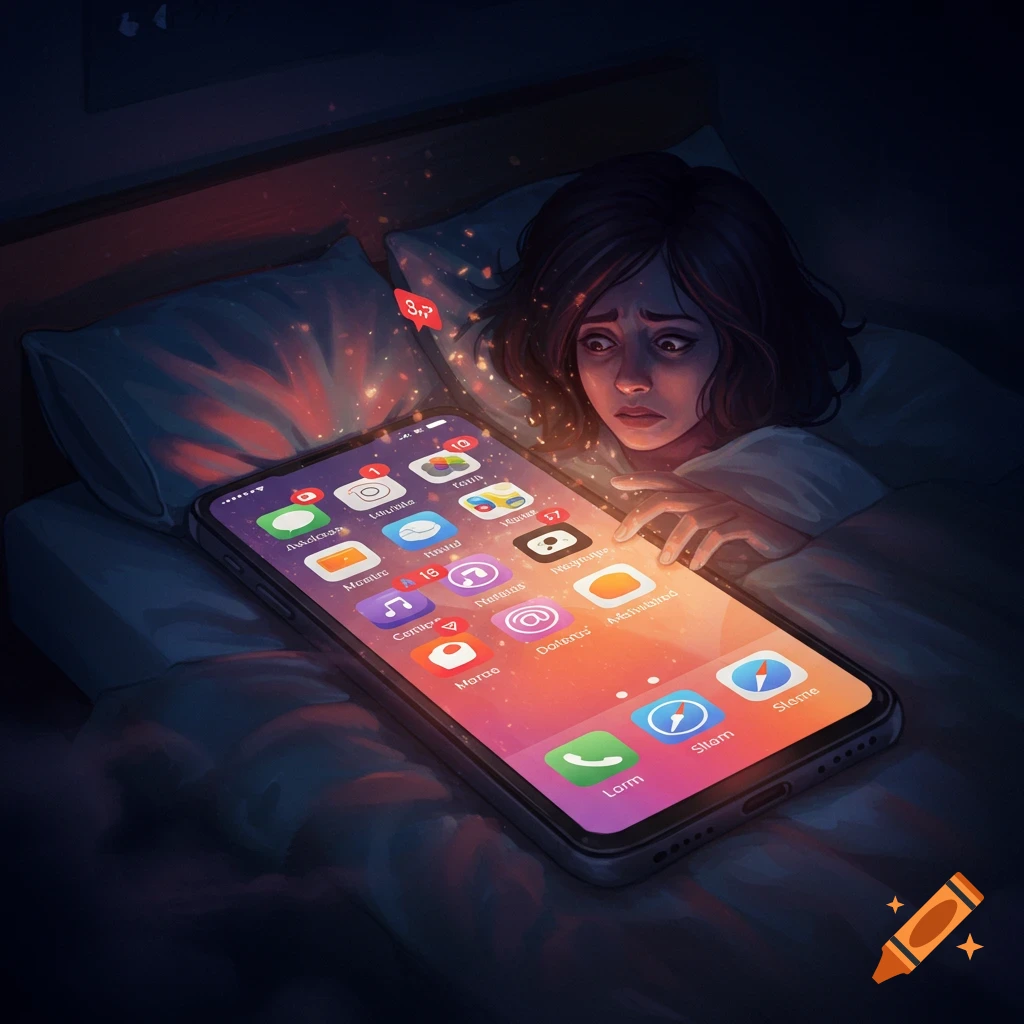 A person in bed looking at a glowing phone screen at night.