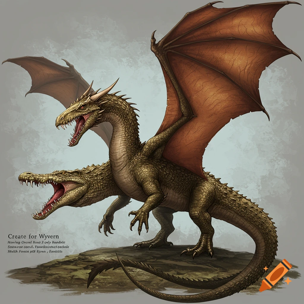 A two-headed, scaled wyvern with wings spread and mouths open stands on a rock.