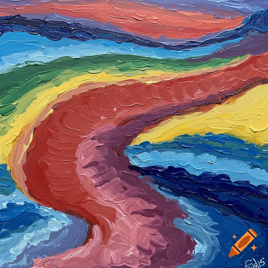 Abstract painting with thick impasto brushstrokes in rainbow colors