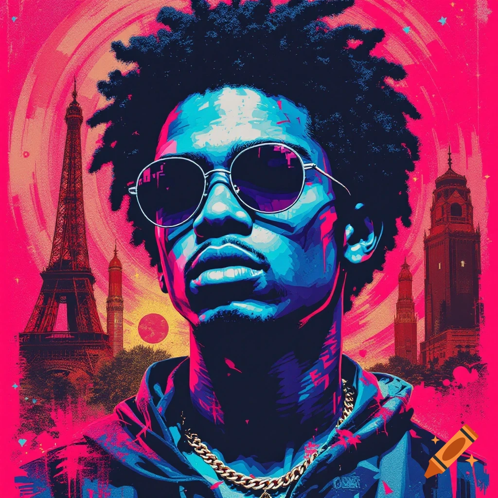 Stylized portrait of a man in sunglasses and chain over a colorful cityscape with the Eiffel Tower.