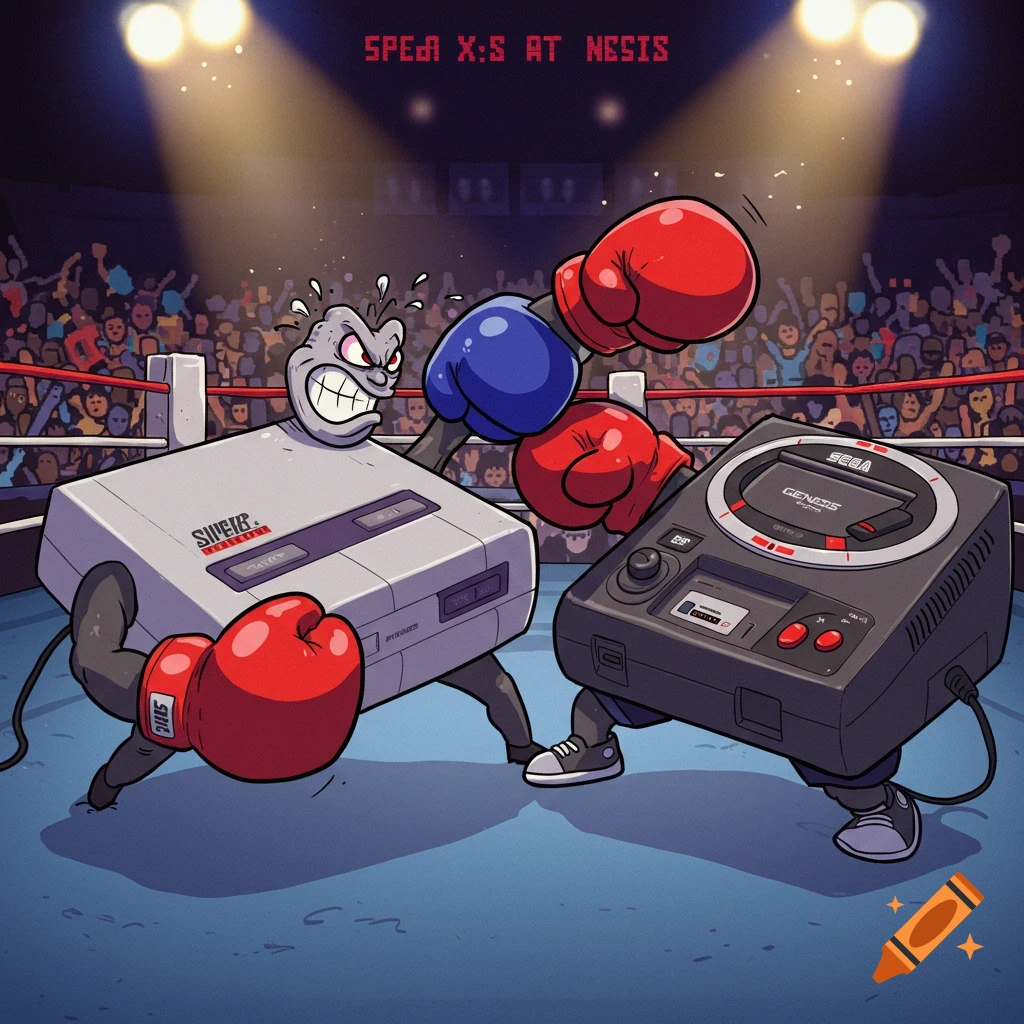 A cartoon of a Super Nintendo boxing a Sega Genesis console.
