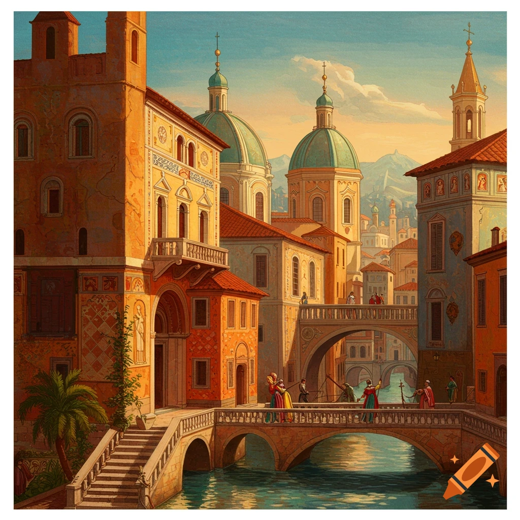 A Renaissance-style city with canals, bridges, domed buildings, and figures.