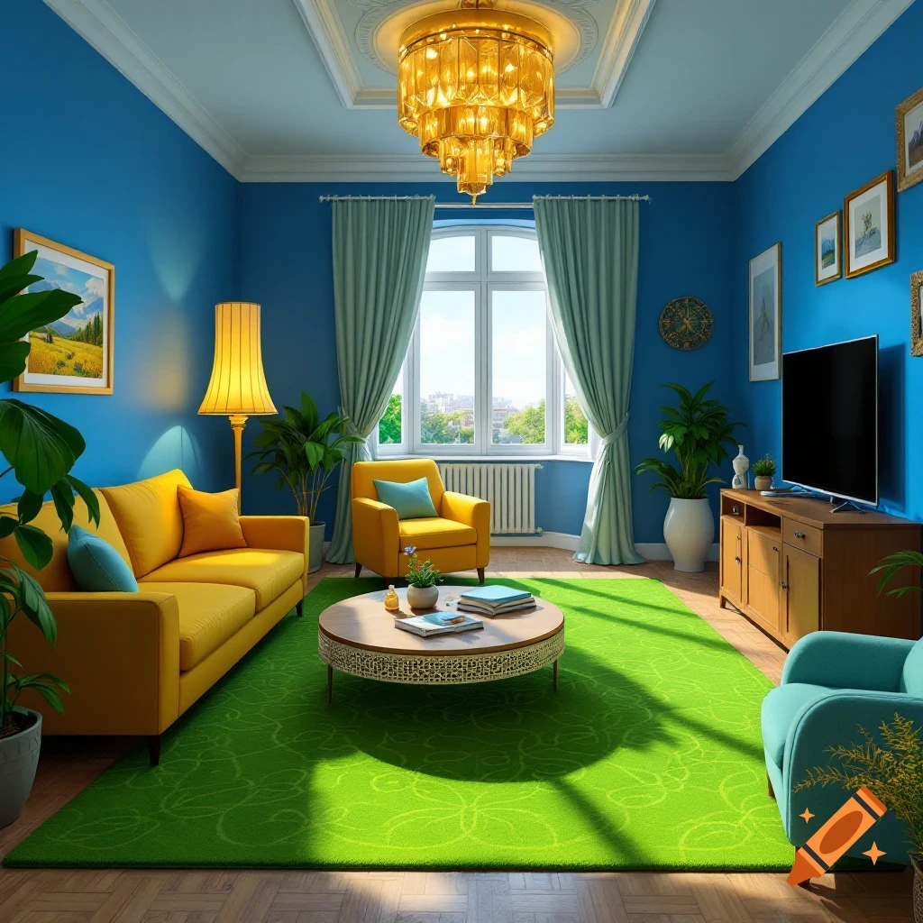 A brightly lit living room with blue walls, a green patterned rug, yellow sofa and armchair, and a large golden chandelier.