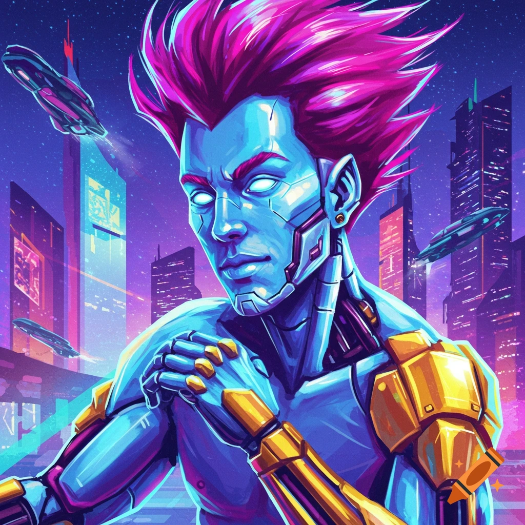 A futuristic person with blue skin, glowing eyes, and mechanical implants stands in a cyberpunk city.