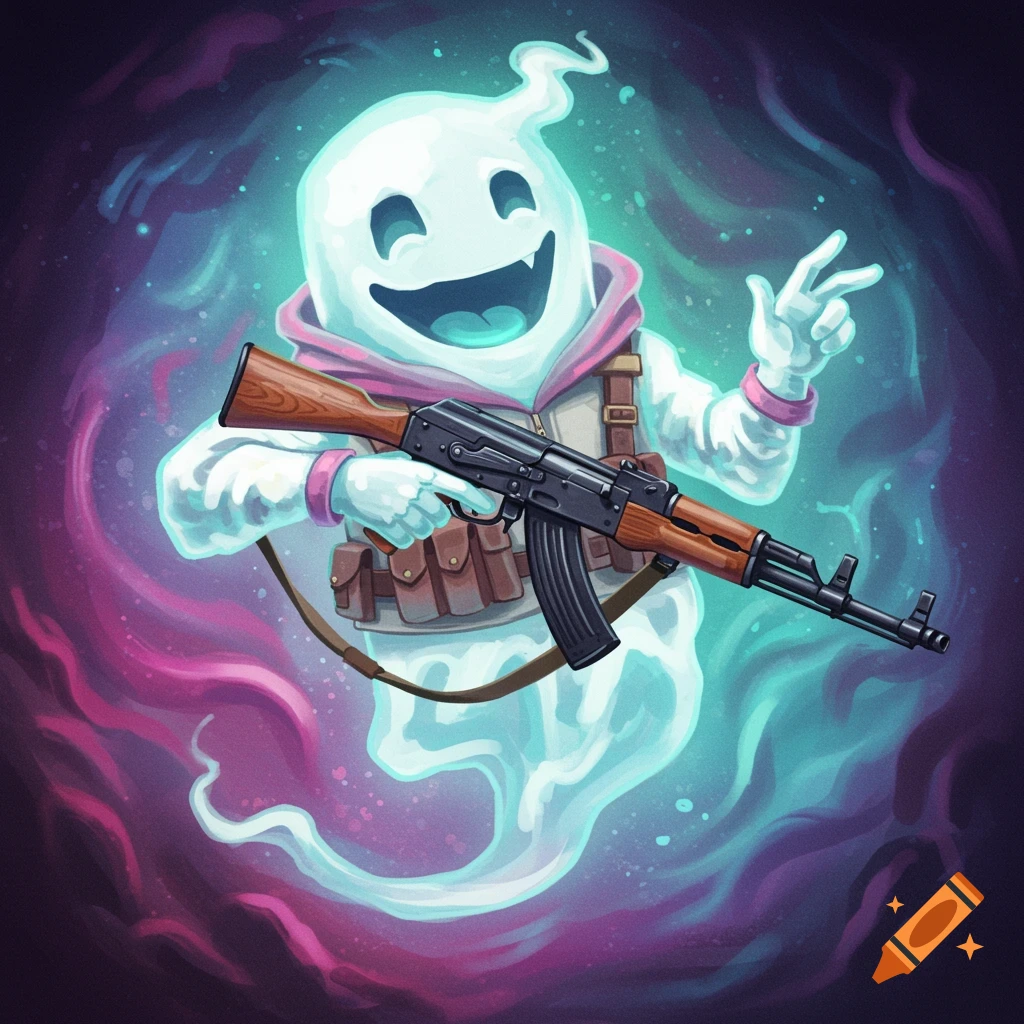 A cartoon ghost wearing a vest and hoodie, holding an AK-47 rifle, against a colorful swirling background.