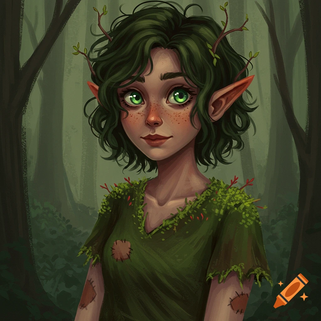 Image of a fantasy character with green hair and pointed ears in a forest