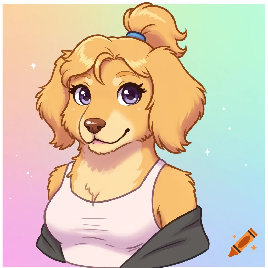 Cartoon anthropomorphic golden retriever character with a ponytail wearing a tank top and jacket against a pastel background.