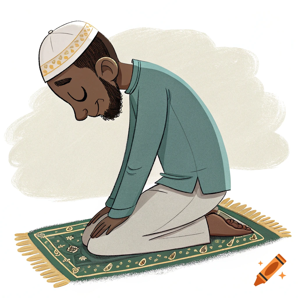 Illustration of a man kneeling on a green prayer mat.