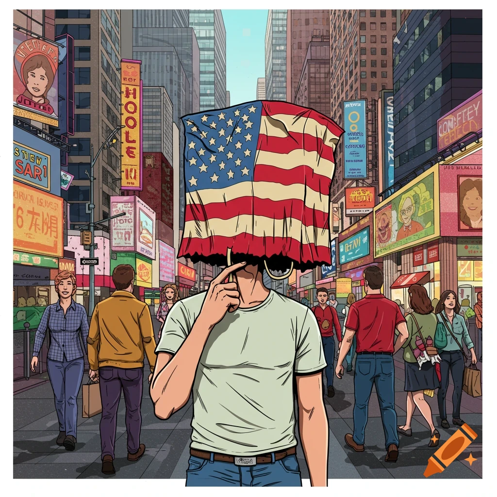 A man with an American flag covering his head walks down a busy city street lined with billboards.