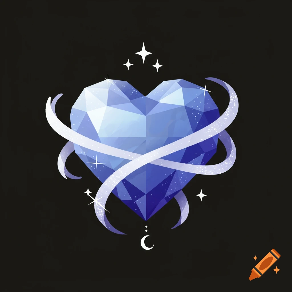 Stylized illustration of a blue multifaceted heart gem wrapped in ribbons with stars and a crescent moon.
