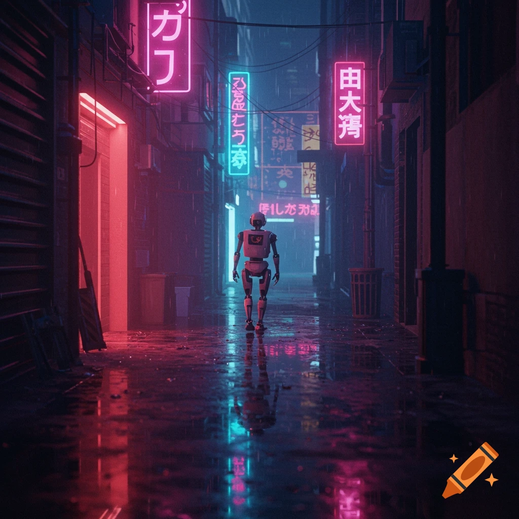 A robot walks down a rainy, neon-lit cyberpunk alley.